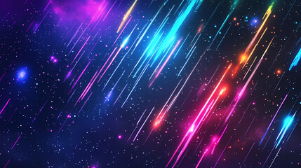 Fototapeta premium Raining colorful neon light comet meteor phenomenon reminiscent night sky full of stars. Neon Light Rainfall. Illustration