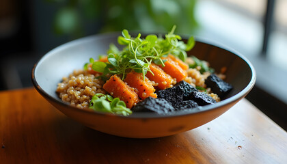 Urban Bowl with Peruvian quinoa, marinated tofu, microgreens, lava rock texture, indie coffee shop style, diffused light through loft window
