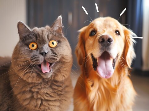 Fluffy British Shorthair Cat and Golden Retriever with Surprised Expressions, Sitting Together
