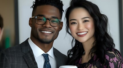 Diverse business team portrait showing African American male and Asian female professionals smiling warmly in office setting, representing workplace inclusion.