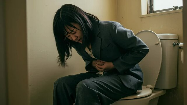 暗いトイレで激しい腹痛に耐えるスーツ姿の女性