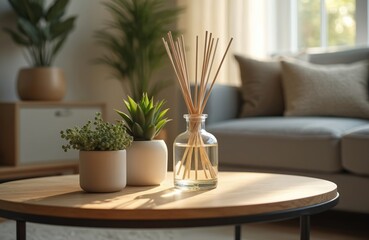 Fototapeta premium Reed diffuser, house plants on table in living room. Aroma therapy sticks in glass bottle with liquid. Home fragrance, air freshener, relaxation, modern interior design concept. Scandinavian style