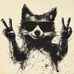 A wolf wearing sunglasses is holding up two fingers on every front paws.