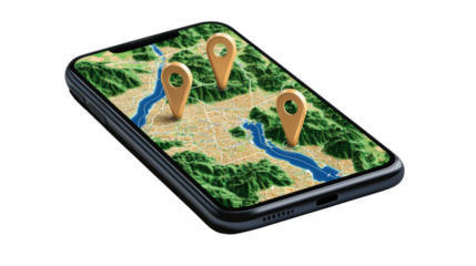 Smartphone displaying a digital map on its screen with navigation features and location markers visible isolated on transparent background..