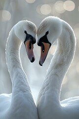 Obraz premium Pair of white mute swans forming heart shape with necks against soft bokeh background, close-up portrait showing graceful curves and detailed feathers in natural light.