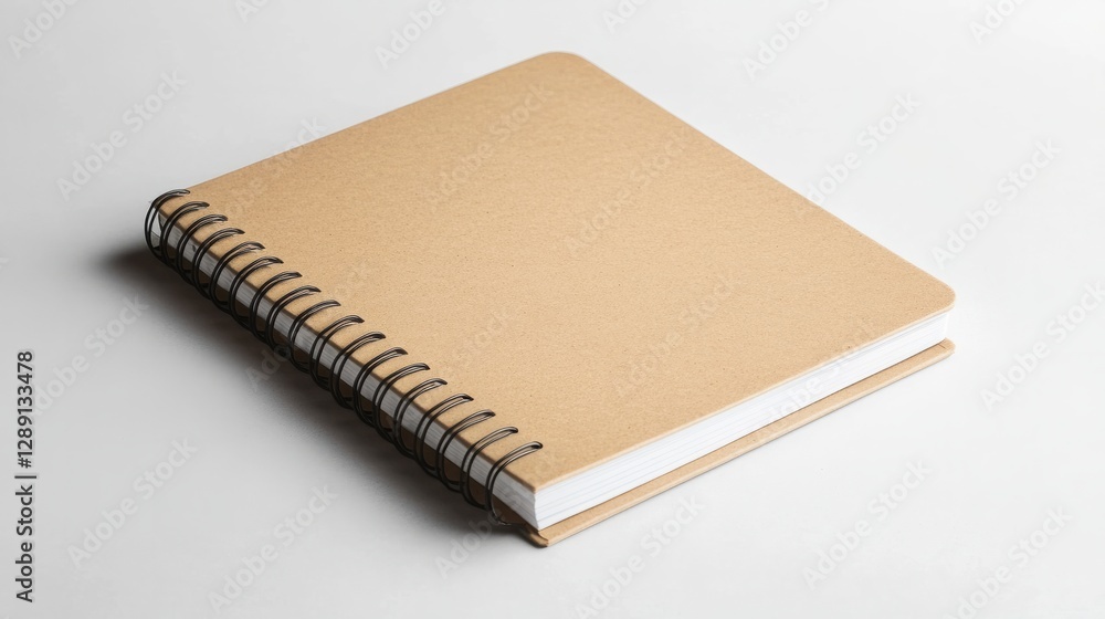 Poster top-down view of an open brown notebook with spirals, isolated on a white background