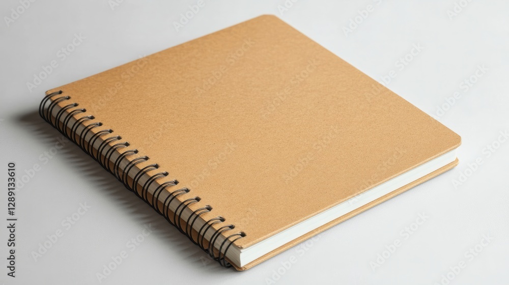 Aufkleber top-down view of an open brown notebook with spirals, isolated on a white background