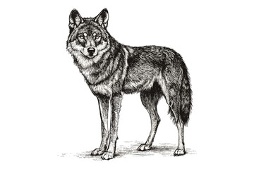 Hand-drawn wolf illustration, black sketch effect, vintage art, wildlife vector, forest animal, predator print design, trendy antique style, white background wildlife art.