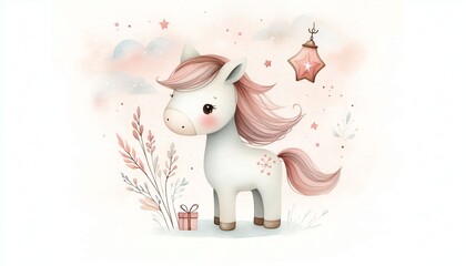 Minimalist watercolor illustration of Cute cartoon horse