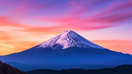 A wide frontal view of Mt. Fuji at dusk, with the mountain outlined against a beautiful gradient of pink, purple, and orange in the sky.