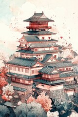 Beautiful cherry blossom flower and vintage building in Spring.