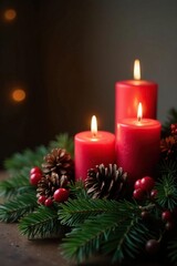 Candlelit evergreen branch with pinecones and berries, candles, branch