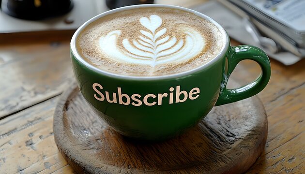 Latte art heart and leaf pattern in creamy foam on cappuccino served in green ceramic cup with subscribe text on wooden table surface. Coffee shop concept. - Powered by Adobe