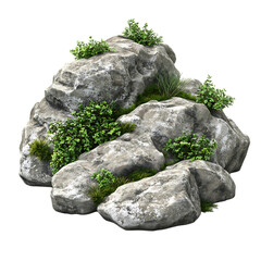 Realistic rocks with small patches of green vegetation isolated on a white background.