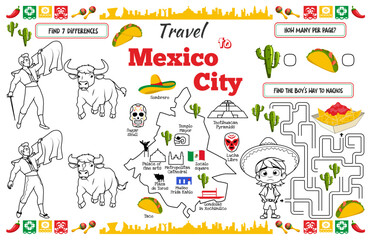 A fun placemat for kids. Printable &ldquo;Travel to Mexico City&rdquo; activity sheet with a labyrinth and find the differences. 17x11 inch printable vector file
