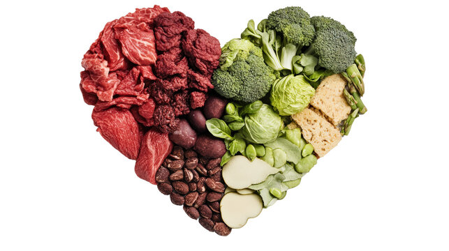 Heart shaped plate with cooked meat and broccoli on a wooden table for healthy eating concept isolated on transparent background..