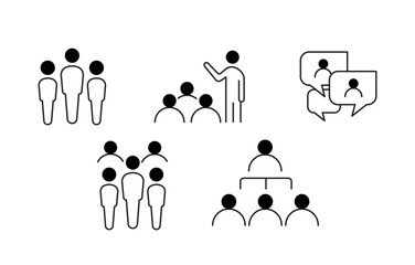 Virtual Collaboration and Team Management. Icons: Virtual Team Meeting, Team Presentation, Group of People, Professional Conversation, Team Hierarchy. Editable Stroke and Colors.