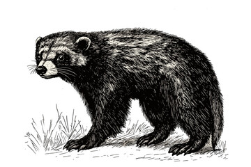 Hand-drawn wolverine illustration, black sketch, vintage art, animal print, trendy design, white background.