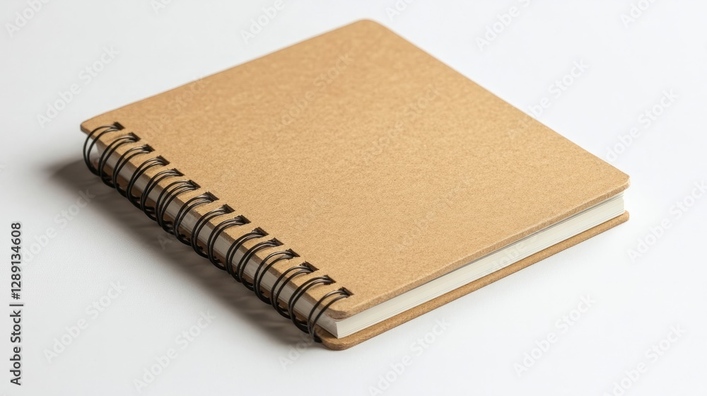 Poster top-down view of an open brown notebook with spirals, isolated on a white background