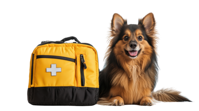 Dog sitting beside a yellow backpack on a grassy field during a sunny day in an outdoor environment isolated on transparent background..