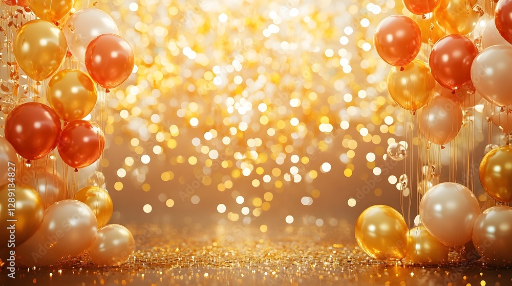 Poster event background featuring a dazzling display of golden balloons glittering confetti and a shimmerin