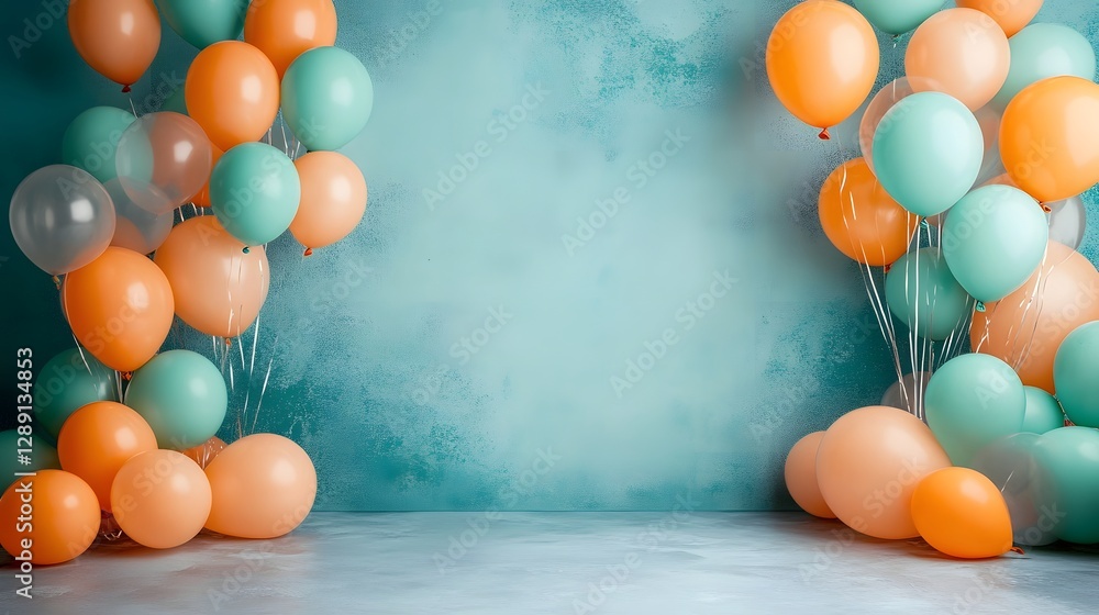 Poster festive pastel colored balloons arranged in a creative minimal studio backdrop setup cheerful and jo