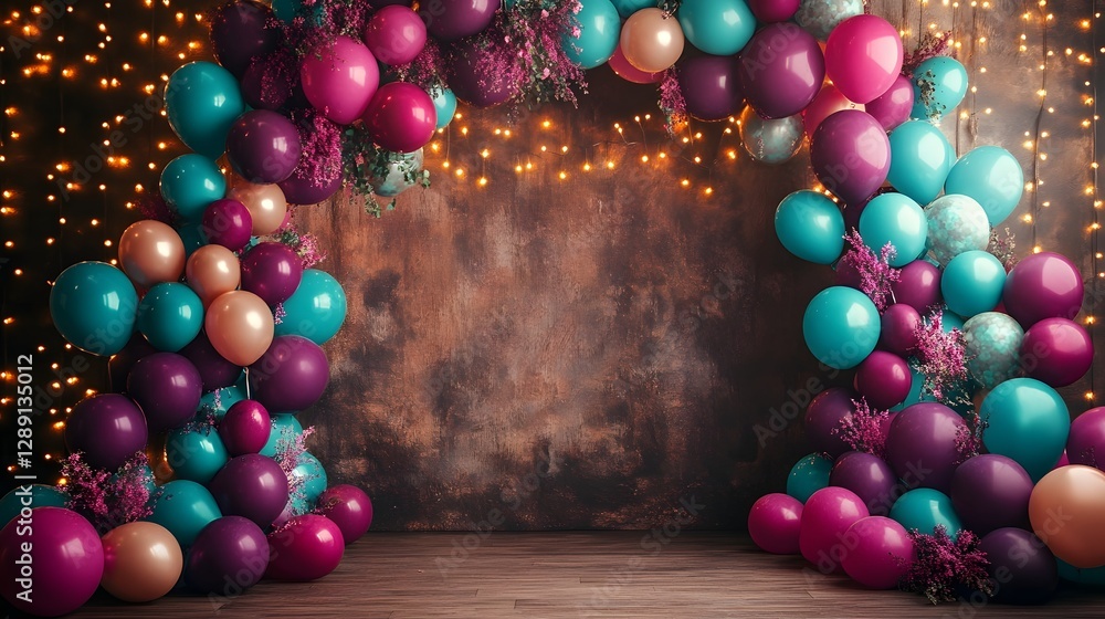 Poster vibrant balloons in various colors and shapes paired with twinkling string lights create a captivati