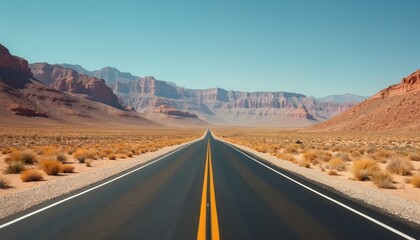 Straight asphalt road runs through desert with striped mountains, red rocks on background. Scenic landscape, clear sky. Transportation, road trip, travel adventures, explore American Southwest. Empty