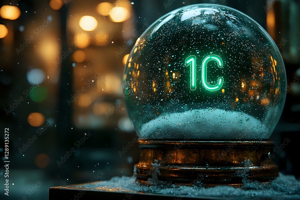 Poster glowing green digital numbers inside snow globe with bokeh lights background creating magical winter