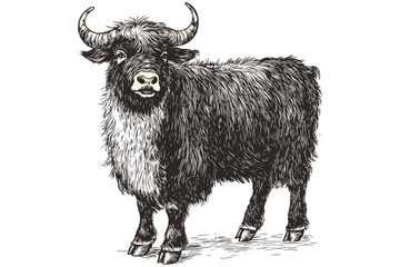 Trendy hand-drawn yak, vintage art style, large wild animal, black sketch effect, wildlife illustration, old engraving, antique vector design, white background, wild nature.