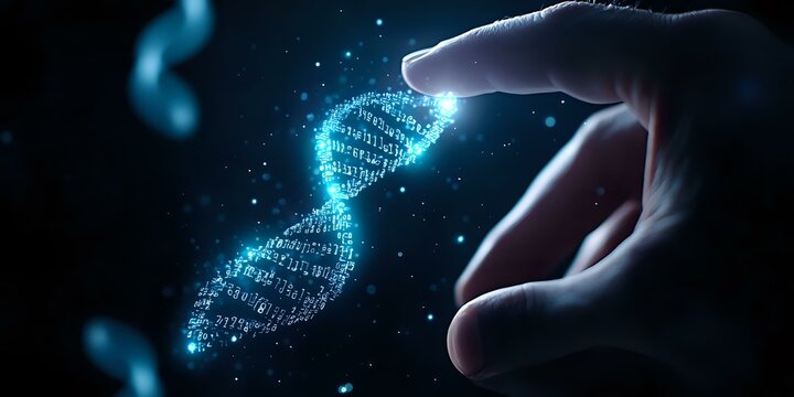 Glowing digital DNA strand with binary code touched by human hand against dark background, representing genetic engineering and biotechnology advancement.