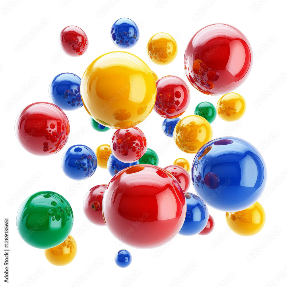 Poster colorful glossy spheres floating in dynamic arrangement, creating vibrant and playful atmosphere. mi