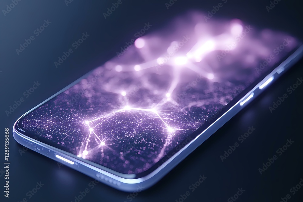 Poster glowing purple lightning effect on smartphone screen with particles and energy streams creating magi