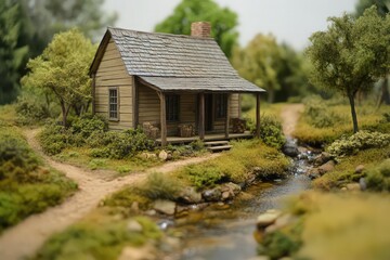 Fototapeta premium Rustic log cabin model beside a creek, nestled in a lush green landscape. Soft natural lighting enhances the details of the miniature scene