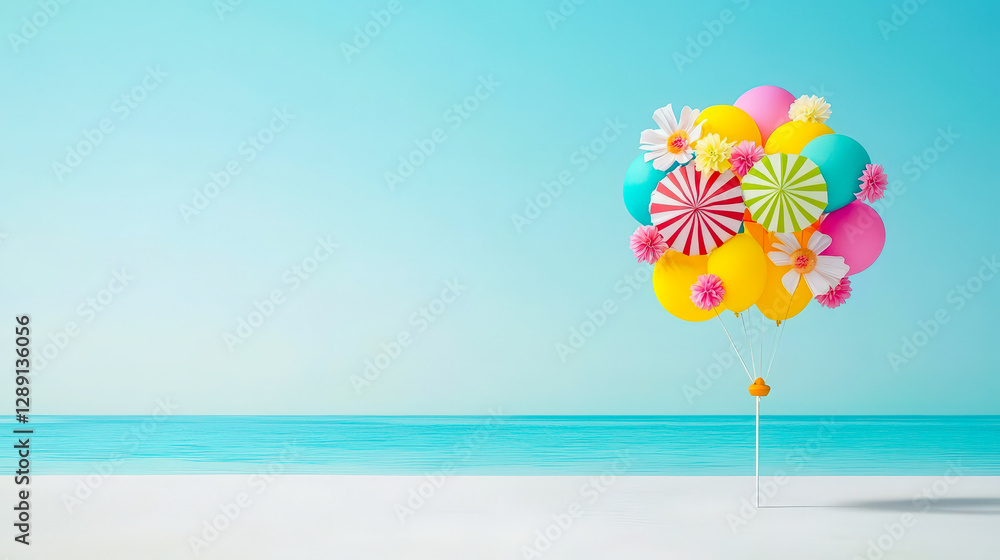 Poster bright and colorful balloons float against a serene coastal backdrop on a clear sunny day