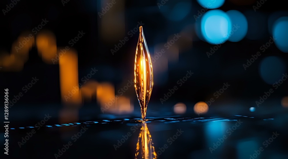 Poster glowing golden crystal ornament reflecting on glossy surface against blurred blue bokeh lights creat
