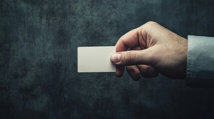 hand holding blank business card against dark textured background, symbolizing potential and opportunity. image conveys sense of professionalism and readiness