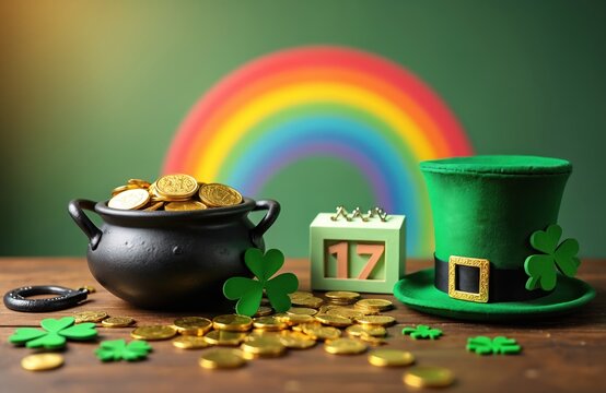 St. Patrick Day still life with gold coins, shamrocks, leprechaun hat, block calendar. Rainbow background. Lucky Irish traditional symbols on wooden table. Festive composition for holiday