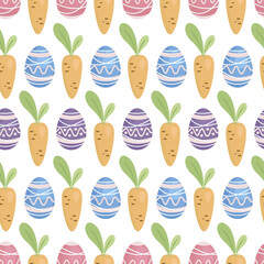 Easter background, cartoon flat illustration of painted holiday eggs, carrots. Hand drawn vector illustration. Universal seamless pattern for fabric, covers, wrapping paper
