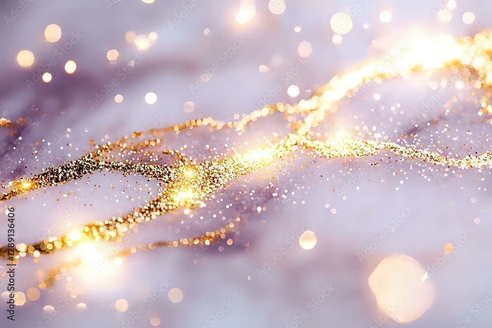Poster magical golden glitter wave on soft purple background with bokeh lights and sparkles, creating dream