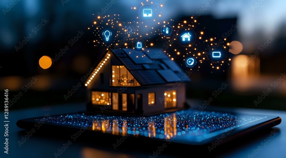 Aufkleber digital smart home concept with glowing icons floating above miniature house on tablet screen, illum