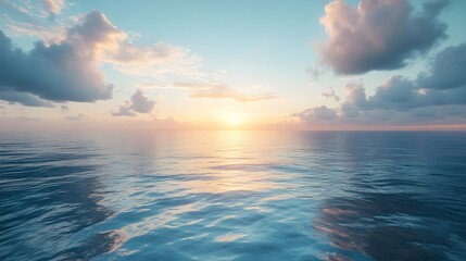 Obraz premium Breathtaking sunset view over a vast serene ocean with a dramatic moody cloudscape in shades of orange blue and silhouette A peaceful minimalist and abstract seascape scene