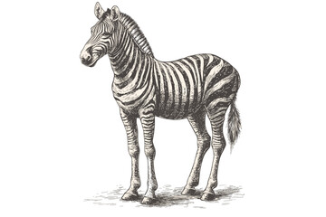 Safari animal zebra, black sketch effect illustration in vintage art style, striped design, wildlife vector print, trendy antique style, old engraving, white background.