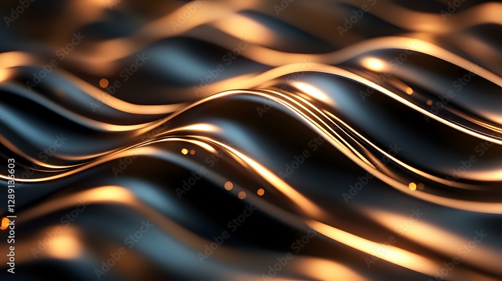Poster luxurious black and gold waves create dynamic abstract pattern with smooth flowing lines and metalli