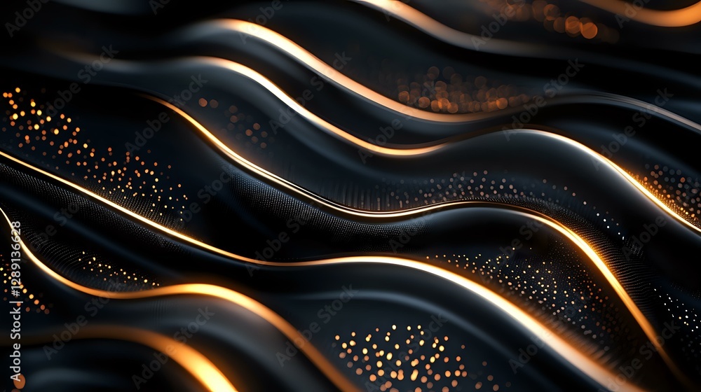 Poster luxurious black and gold waves pattern with glowing lines and sparkles on dark background creates el