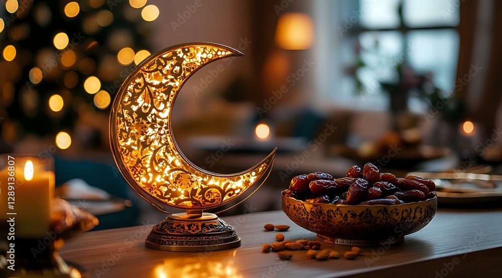 Poster glowing decorative crescent moon lantern with ornate patterns alongside bowl of dates and almonds on