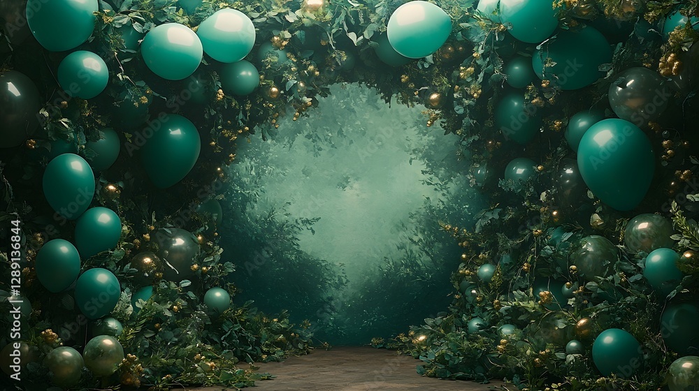 Poster enchanting and mystical forest scene with glowing floating spheres or orbs that create a dreamlike f