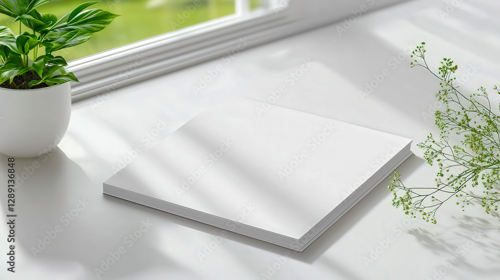 Poster fresh workspace with blank sketch pad and potted plants in bright natural light