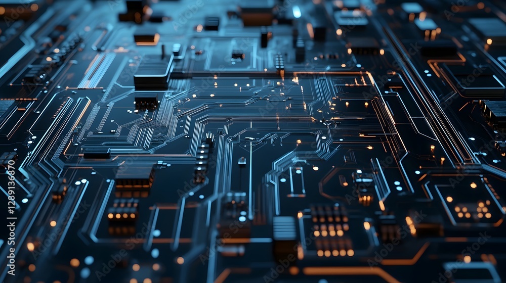Poster intricate blue futuristic circuit board texture with electronic components digital data and high tec