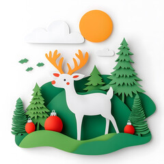 Naklejka premium Christmas deer in a minimal paper cut style isolated on background